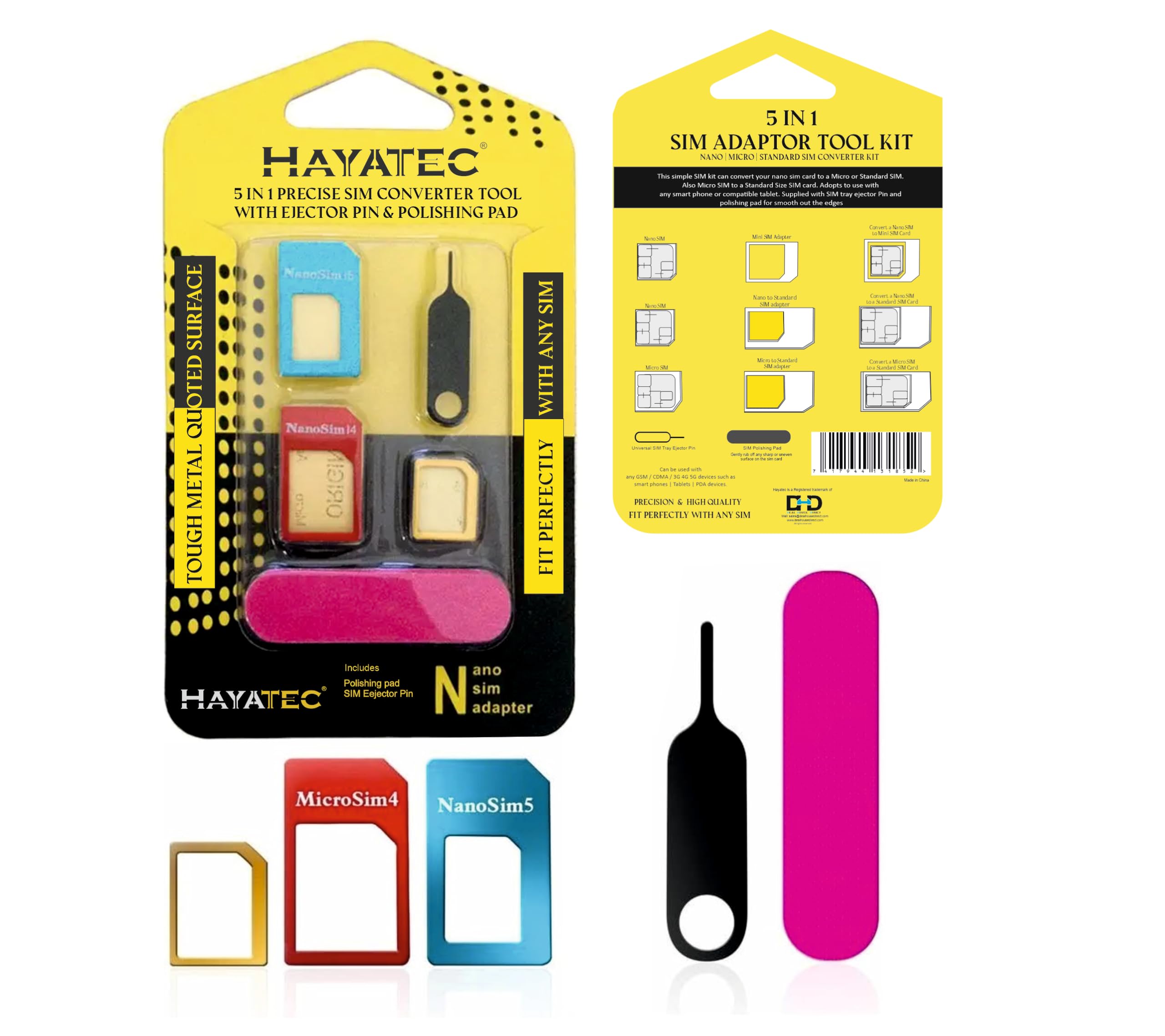 Sim Card Adapter With sim Ejector Pin tool Set - Universal 5 in 1 Full Metal SIM Converter kit, Nano sim to Micro, Micro to nano sim adpter, Standard to nano Sim Converter for iPhone, Samsung