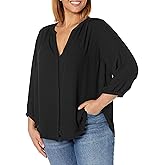 NYDJ Women's Plus Size Three-Quarter Sleeve Pintuck Blouse | Classic Lightweight Top, Black,2X