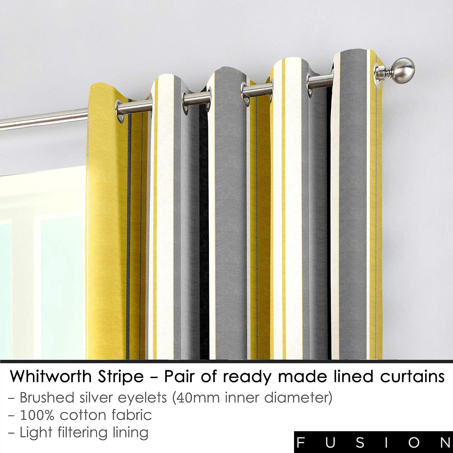 Fusion Whitworth Stripe Eyelet Lined Curtains, Ochre, 90 x 90 Inch, W 90.2" x L 90.2" (1 Panels) - Image 4