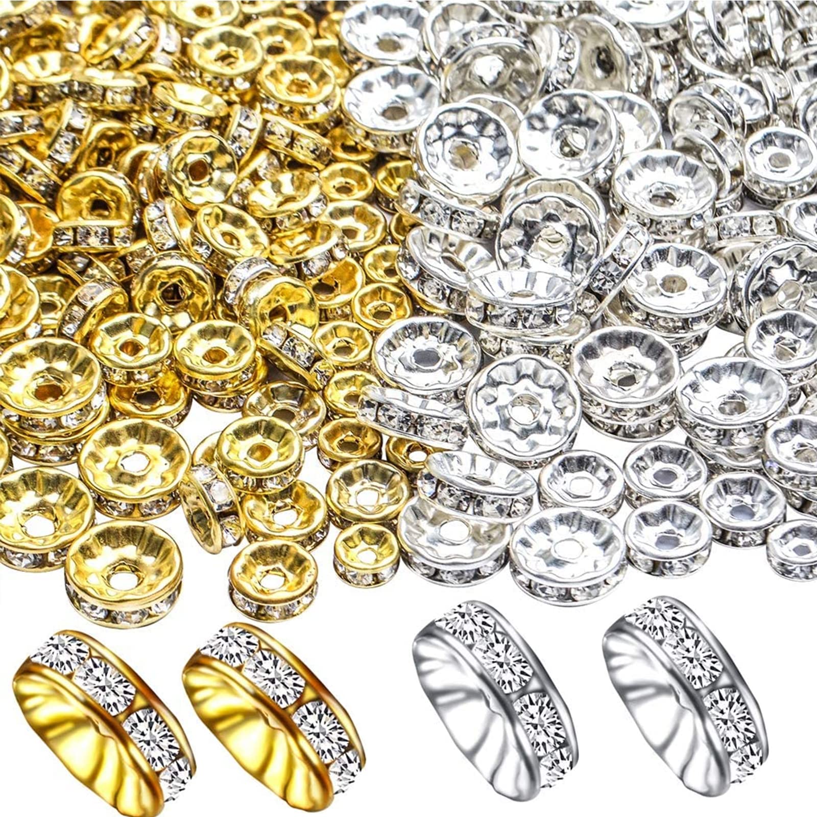 400Pcs 6mm Sparkling Crystal Spacer Beads, Gold/Silver Plated Rondelle Spacer Bead Crystal Rhinestone Loose Beads for Jewelry Bracelets Making Craft