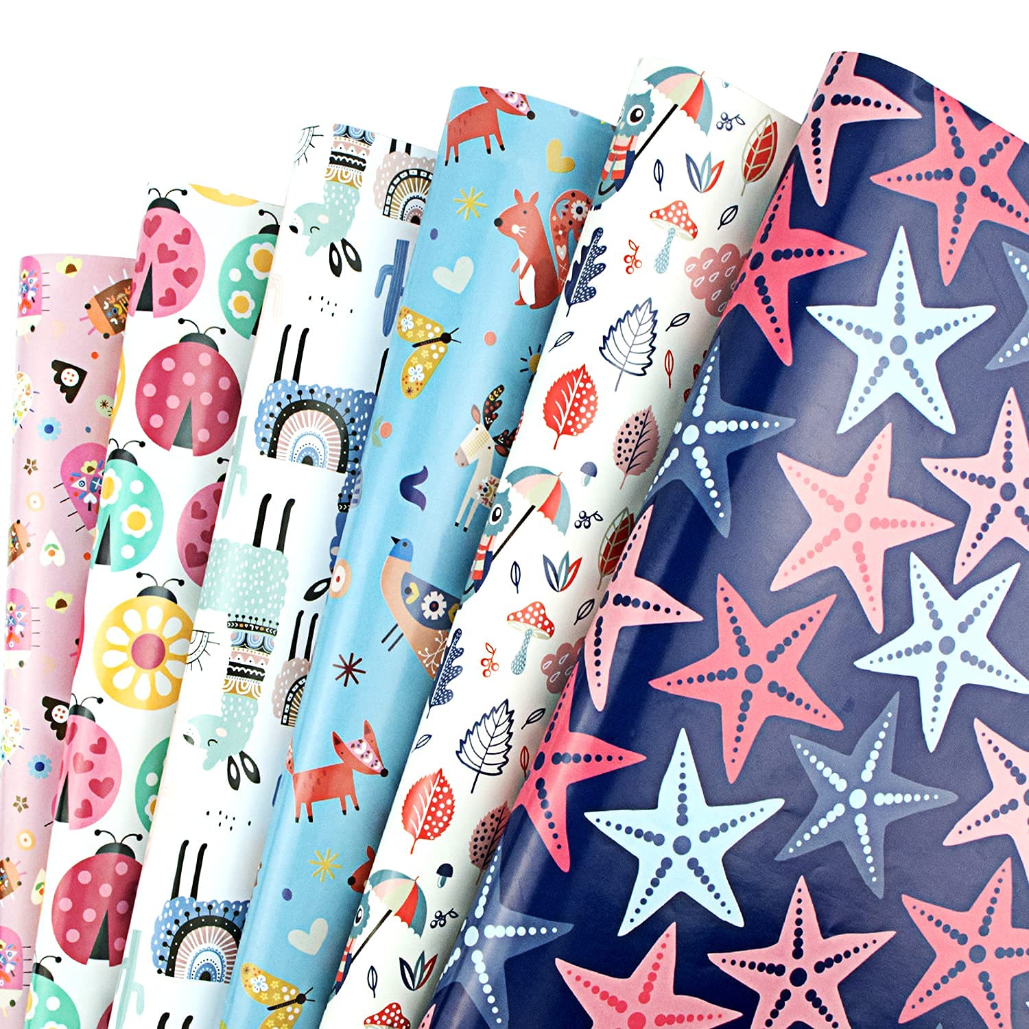 Ladybird Gift Paper Animal Gift Wrapping Paper, 6 Sheets Wrapping Paper Birthday for Women Kids, Eco-friendly Gift Wrap Folded Packing Paper with Ribbons Stickers Tape, 50 x 70 cm