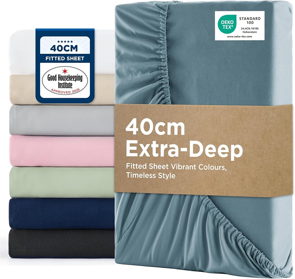 Bedsure Double Fitted Sheet Deep Pocket 16in 40cm Grey-Blue 135x190cm