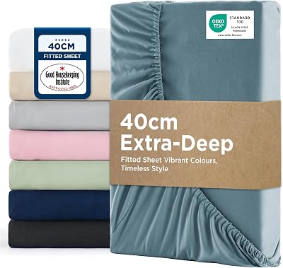 Bedsure King Size Fitted Sheet Deep Pocket 40cm Grey-Blue 150x200cm