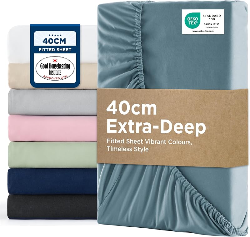 Bedsure Double Fitted Sheet Deep Pocket 16in 40cm Grey-Blue 135x190cm