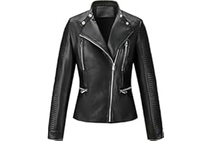 RISISSIDA Premium Women's Faux Leather Motorcycle Jacket,Quilted Sleeves,Multi-Zipper Design,Asymmetrical Biker Style