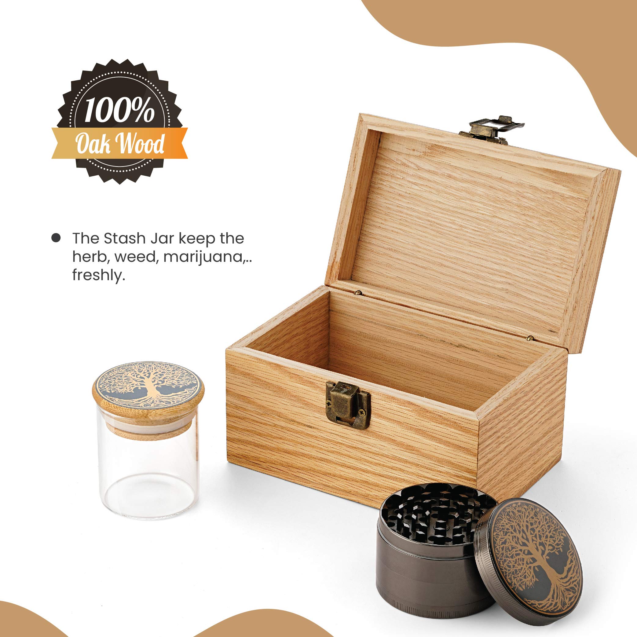 Tree of Life Oak Wood Stash Box Combo - Big Size Titanium 4 Part Herb Grinder - Airtight Wood Lid Glass Stash Jar - Engraved Wood Handmade Decorative Stash Box - Smell Proof and Airtight.