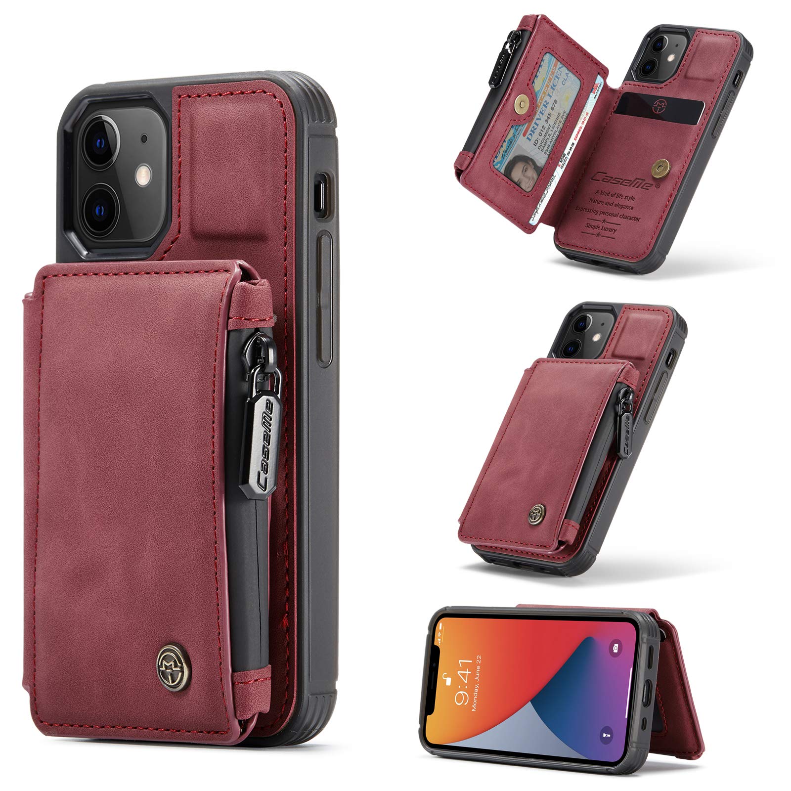 UFinetech 2-in-1 Wallet Case for iPhone 12 mini Magnetic Flip Leather Card Holder Slot Stand Designed Waterproof Zipper RFID Blocking Wireless Charging Purse Cover for iPhone 12 mini 5.4" Women Men