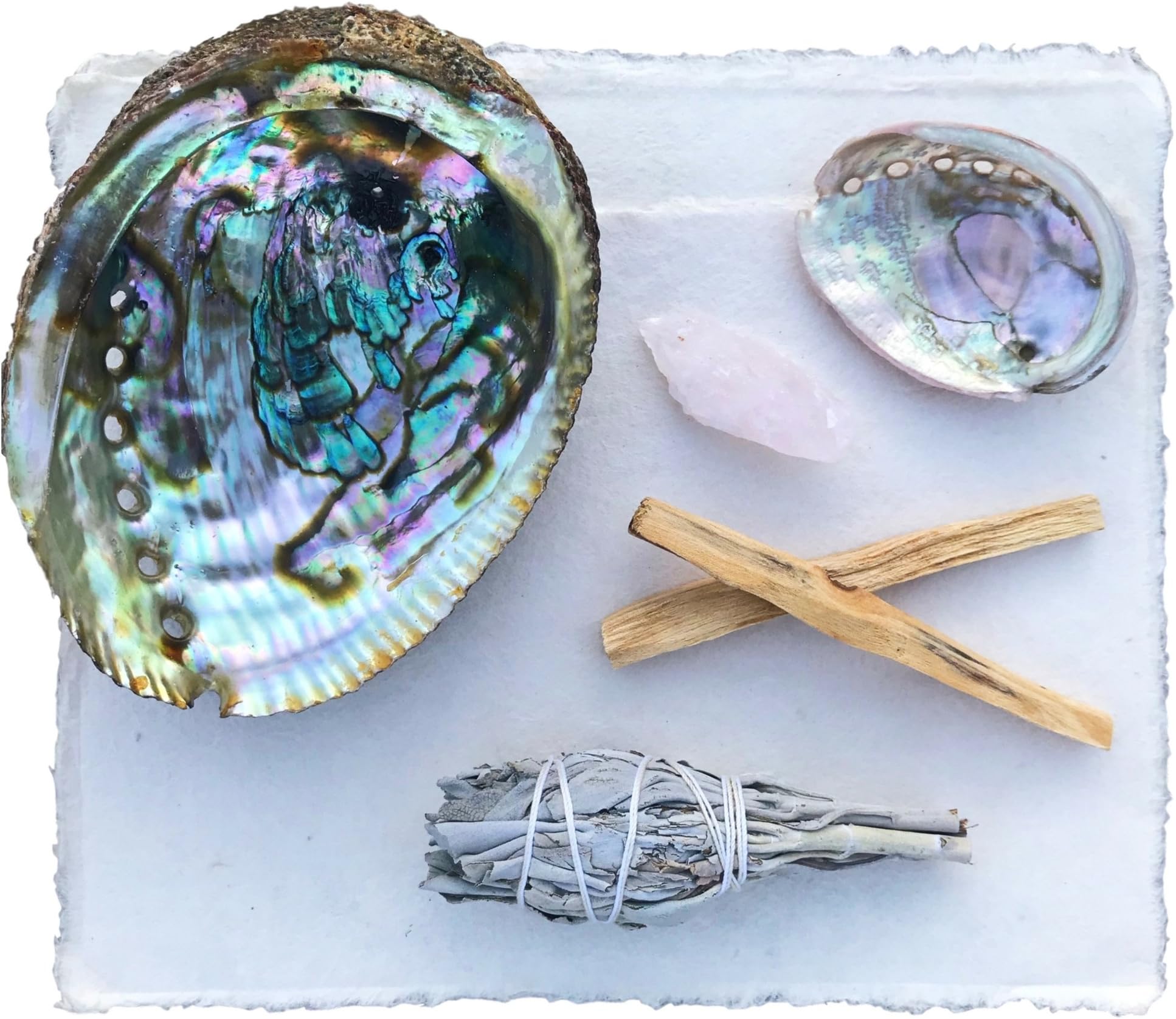 Maha Living Smudging Kit w/Abalone Shell (Large), Palo Santo, White Sage Smudge Stick, Rose Quartz Healing Crystal Plus How to Guide for Cleansing Your Home (Abalone Shell)