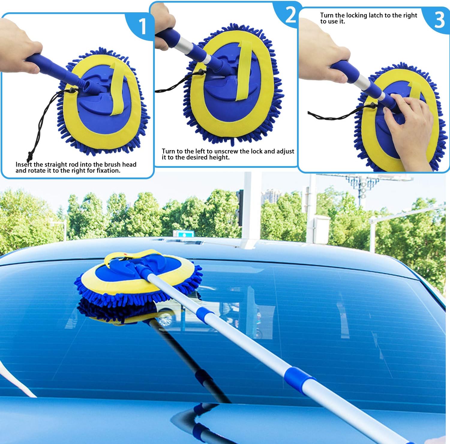 2 in 1 Microfiber Car Wash Mop Mitt with 45" Aluminum Alloy Long Handle,Chenille Car Cleaning Kit Brush Duster with Scratch Free for Washing Car/Truck/RV,2 Mop Head and 1 Towels and Air Vent Duster: Automotive