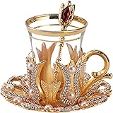 (Set of 6) Turkish Tea Glasses Set with Saucers Holders Spoons, Decorated with Swarovski Type Crystals and Pearl,24 Pcs, 3.3 