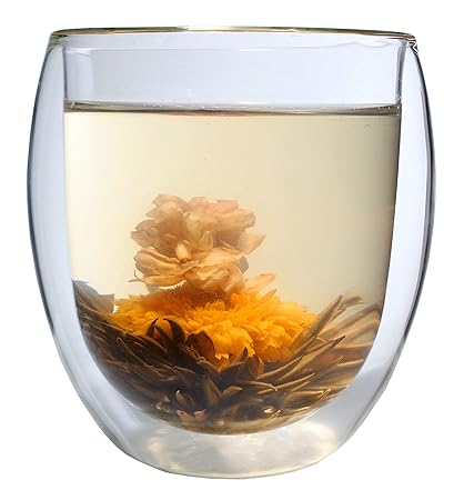Feelino XXL 400ml doppelwandiges Thermo-Glas 'Ice-Bloom' inkl. einer Teeblume, extra großes Teeglas/Kaffeeglas mit Schwebeeff