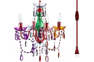 gypsy color The Original Plug-in 4 Light Multicolor Hanging Swag Chandelier H17.5”xW15”, Red Metal Frame with Green Glass Stem and Multicolor Acrylic Crystals & Beads That Sparkle Just Like Glass