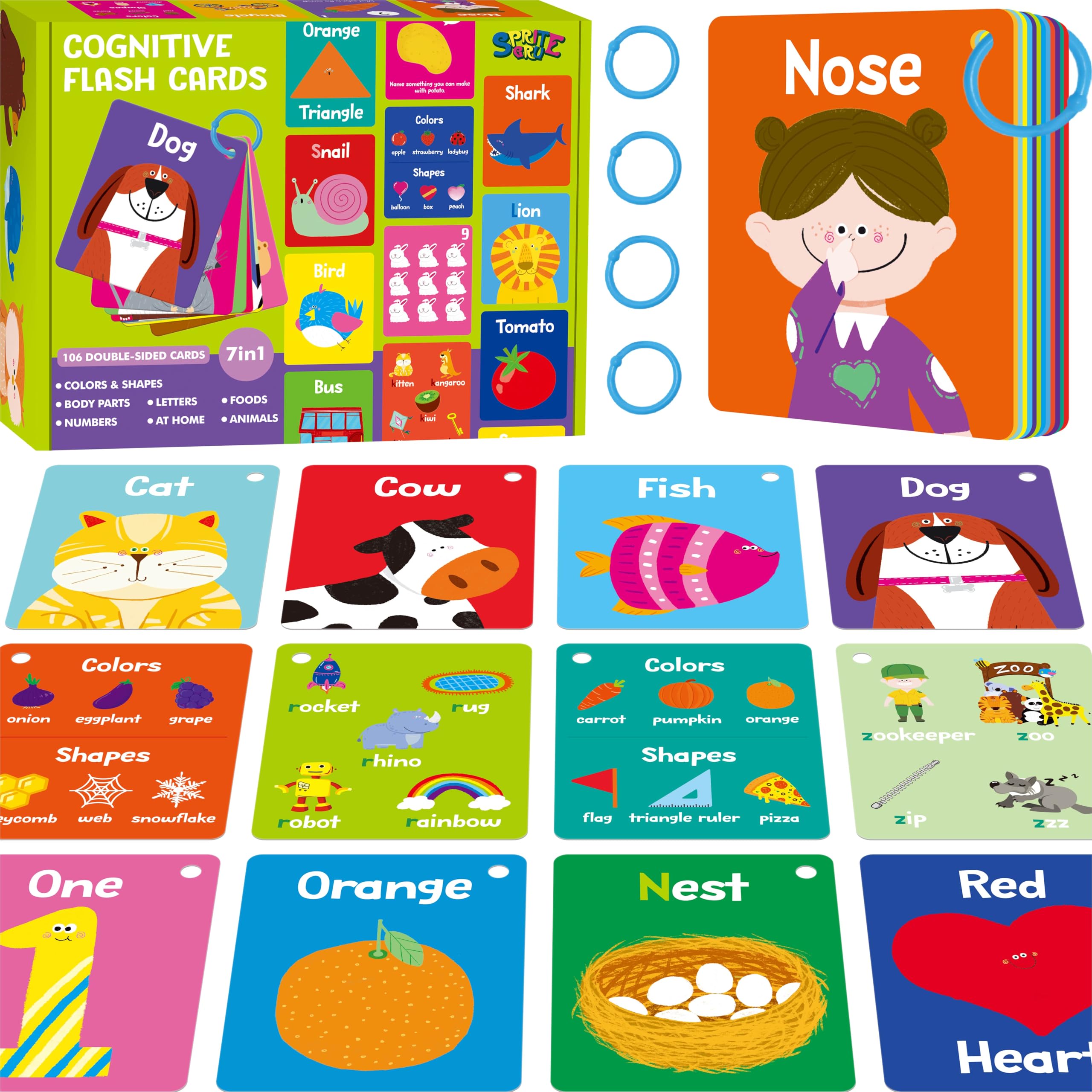 Photo 1 of 110 PCS Sight Word Flashcards, Double Sided Cards- Alphabet, Foods, Animals, Home Object with 4 Reclosable Rings, Early Learning Tool for Pre-K Kindergarten Toddlers