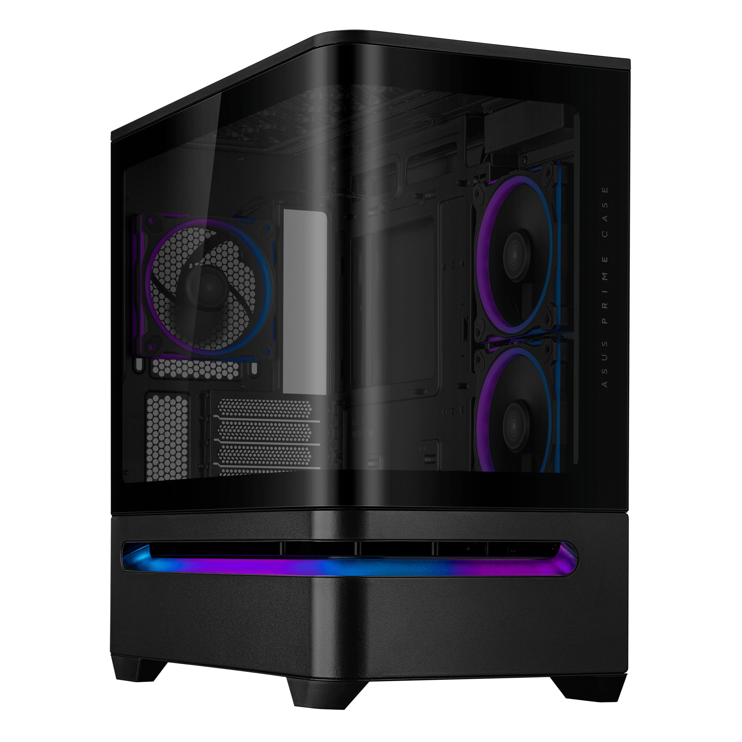 ASUS Prime AP202 ARGB Black mATX pc case with Fully Tempered Curved Glass, Supports Graphics Cards up to 420mm Long, 360mm Long radiators, Easy-Detach Rail, Patented Slot Vent, 3 Built-in ARGB Fans Image