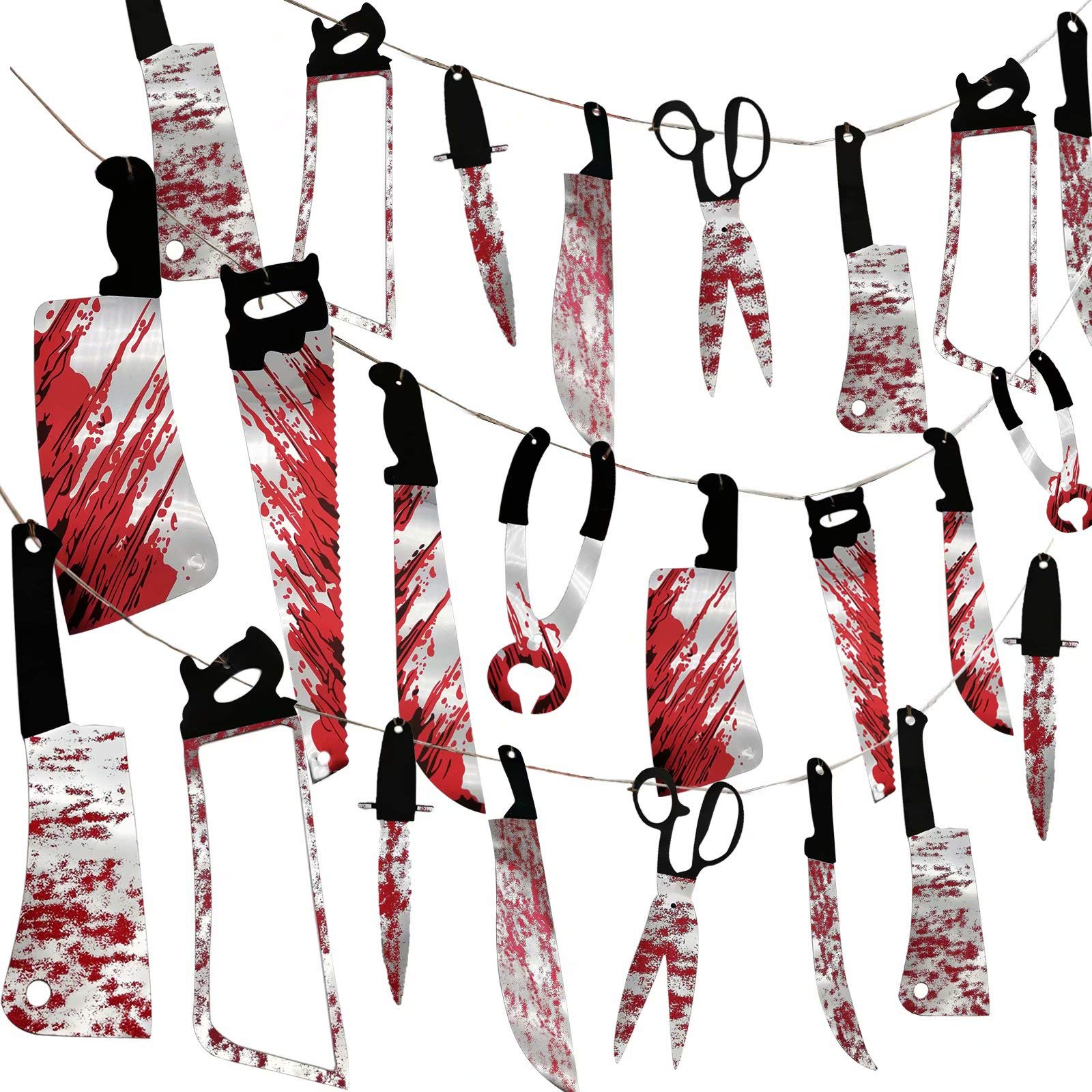 Photo 1 of 32PCS Bloody Garland Banner Props - Halloween Decorations & Zombie Vampire Party Supplies for Haunted House, Bar, Office, Home, Indoor/Outdoor Yard Decor & Weapons