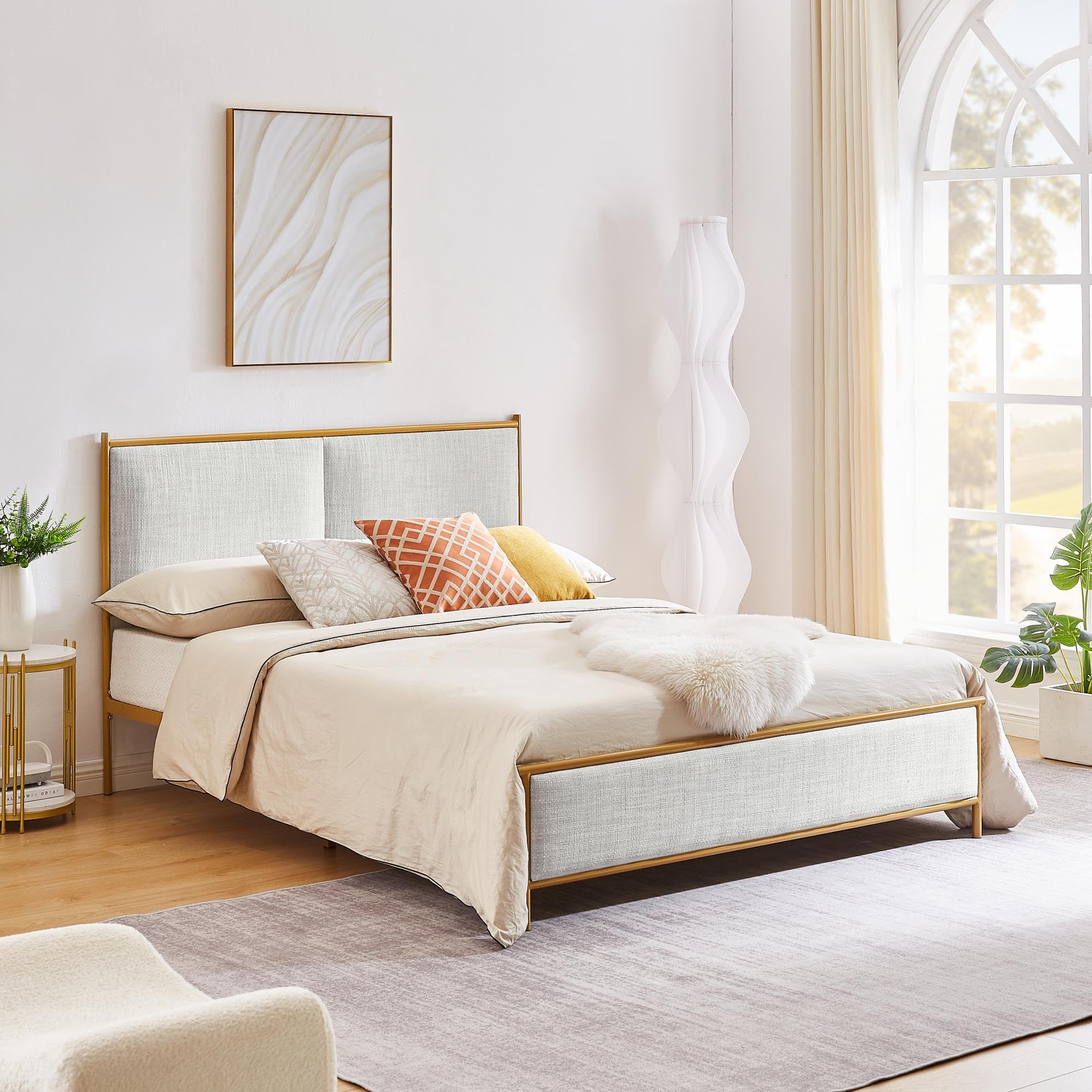 Photo 1 of ***HEAVY ITEM***Dolonm Upholstered King Size Platform Bed Frame, with Headboard and Strong Wooden Slats Metal Bed Frames, No Box Spring Needed Sponge Soft Bag Platform Gray Bed