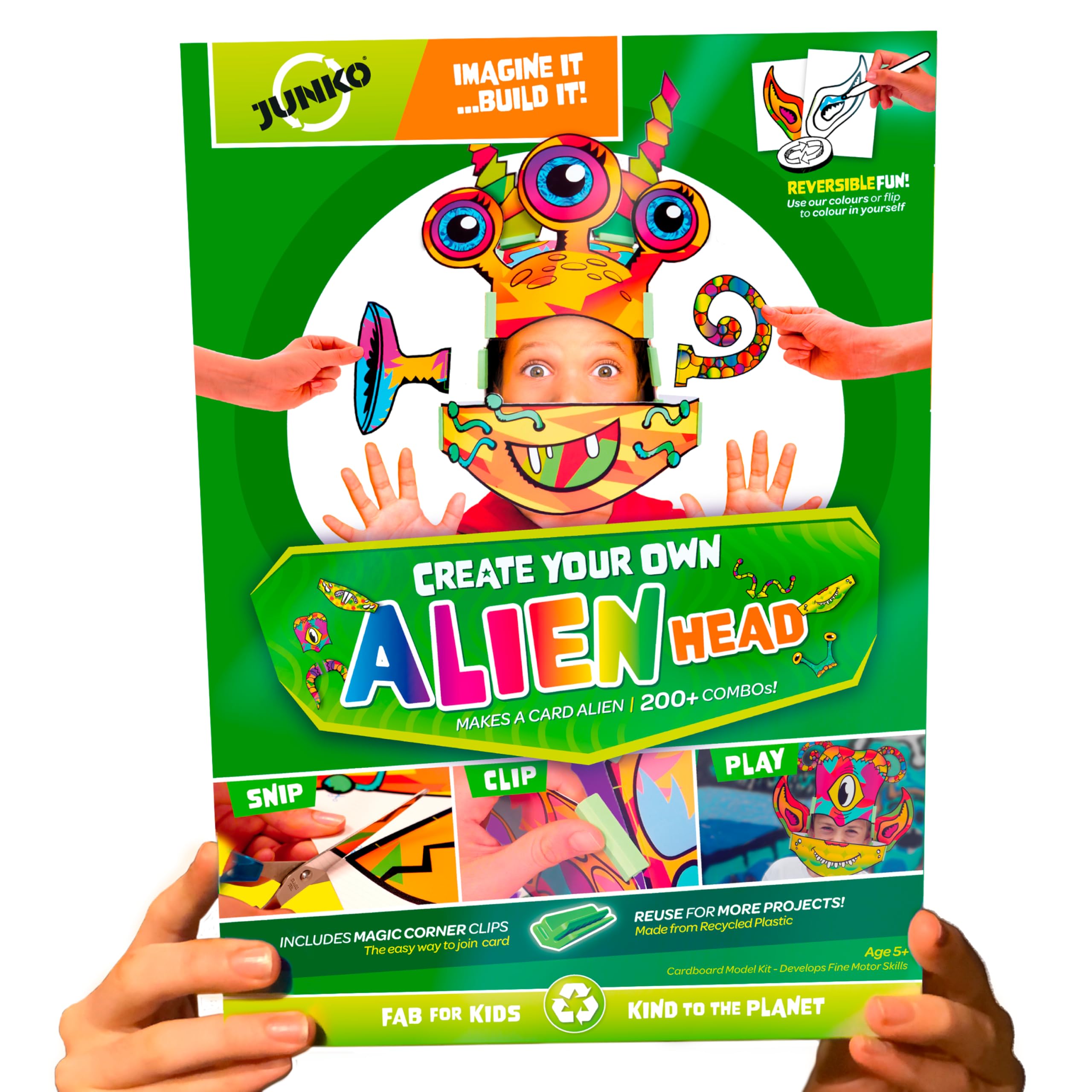 JUNKO - Create Your Own Alien Head - Popular Stocking Filler - Make a Cardboard Alien to Wear (200 Variations) - - Colouring Fun - Small Gift for Kids - Buy Once, Reuse Forever! — image 1