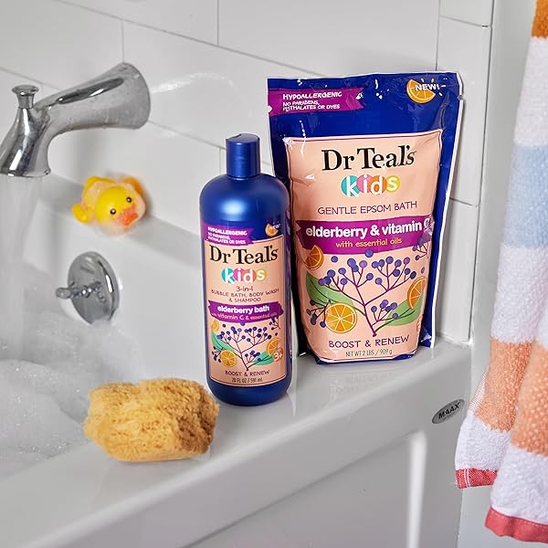 DR TEAL’S KIDS 3-IN-1 ELDERBERRY BATH: BUBBLE BATH, BODY WASH & SHAMPOO, 20 FL OZ.