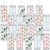 Layhit 20 Pcs Christmas Reusable Cups Bulk 13.5 oz Plastic Mason Jar Drinking Holiday Cups with Lid and Straw Coffee Tea Hot Cocoa Beverage Tumbler for Adults Xmas Party(Novel)
