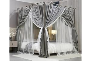 AIOOO 4 Corners Post Princess Curtain Bed Canopy Double Layer Cozy Mosquito Net Mesh and Cloth for Girls Adults Bedroom Decoration (Double-Grey/White, 78" W*86" L*82"*H/(King))