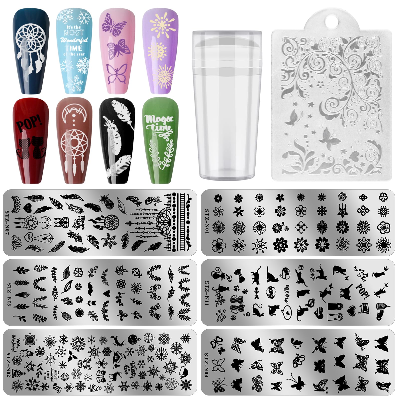 6PCS Nail Stamping Plates Kit, EBANKU Stamping Plates for Gel Polish with 1 Nail Stamper & 1 Nail Scraper, Flower Animal Pattern Manicure Print Tools for DIY Nail Art Designs