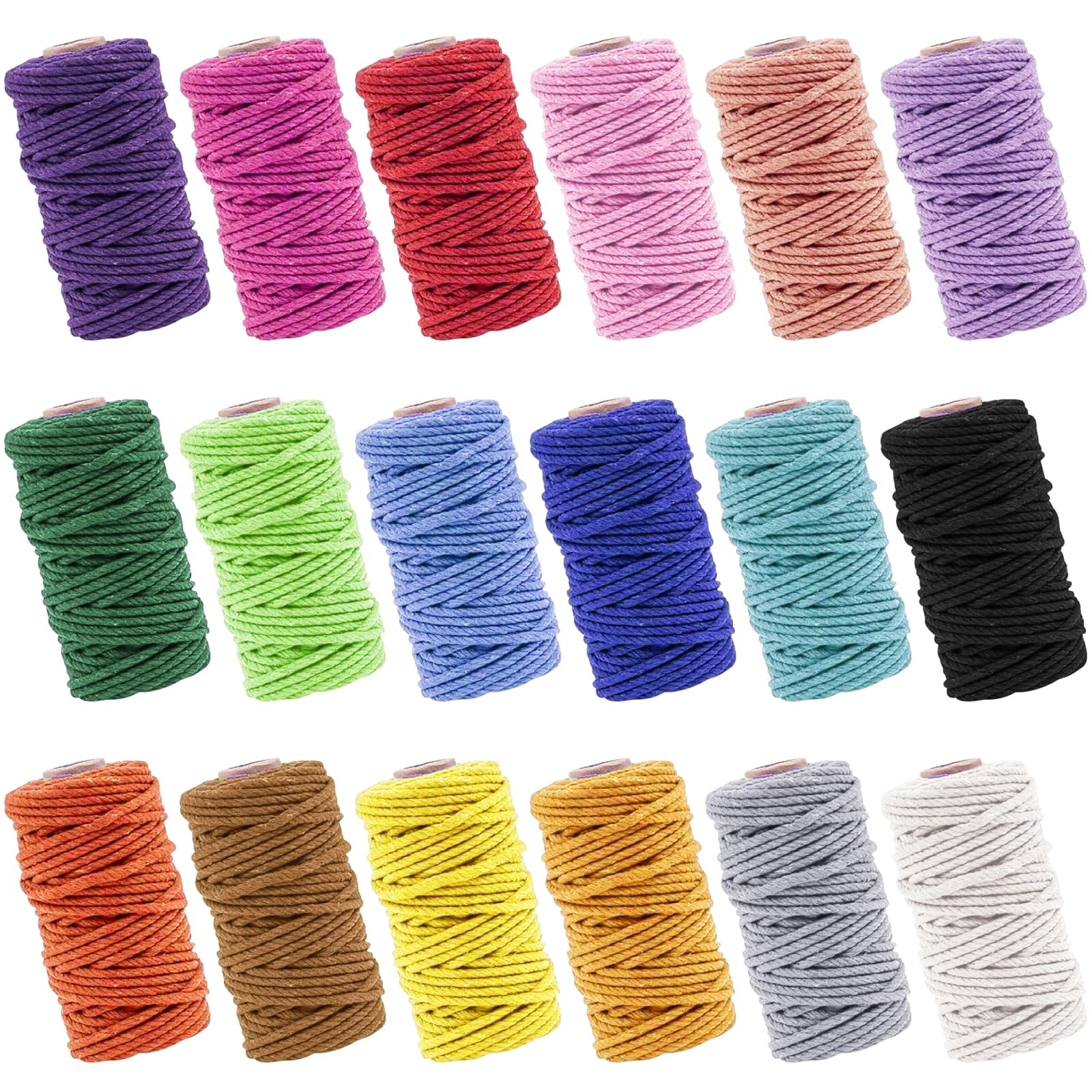 18 Rolls Macrame Cord, 3mm x 576 Yards Natural Cotton Macrame Rope, 3 Strand Twisted Colorful Twine String Cord for Artworks, Gift Wrapping, Plant Hangers, Crafts, Knitting, 18 Colors