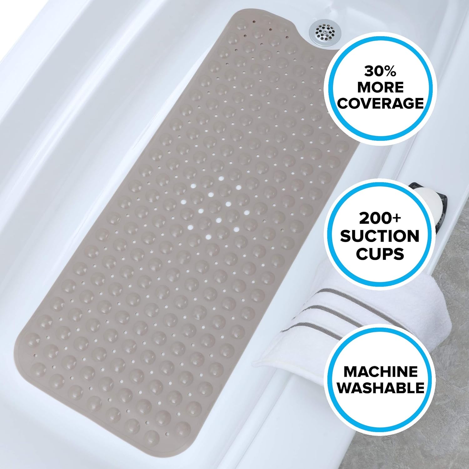 SlipX Solutions Tan Extra Long Bath Mat Adds Non-Slip Traction to Tubs & Showers - 30% Longer Than Standard Mats! (200 Suction Cups, 39” Long Bathtub Mat): Home & Kitchen