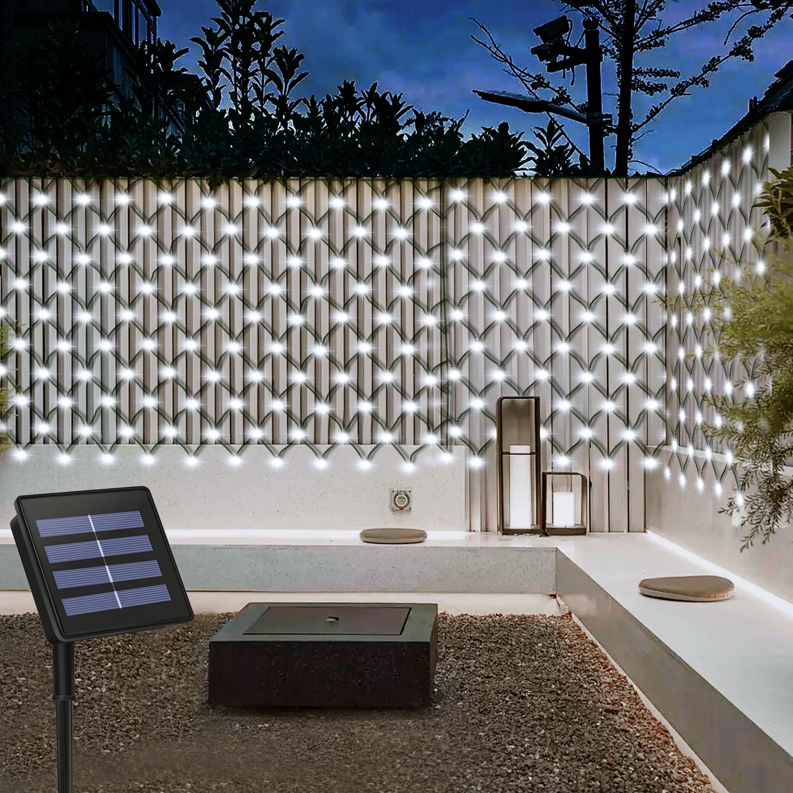 3M x 2M Solar Garden Net Lights - Outdoor Cool White, Auto On/Off, 8 Modes 200 LED Starry Fairy String Lights for Wall, Roof, Mesh, Bush, Back Yard, Patio, Wedding, Party Decor