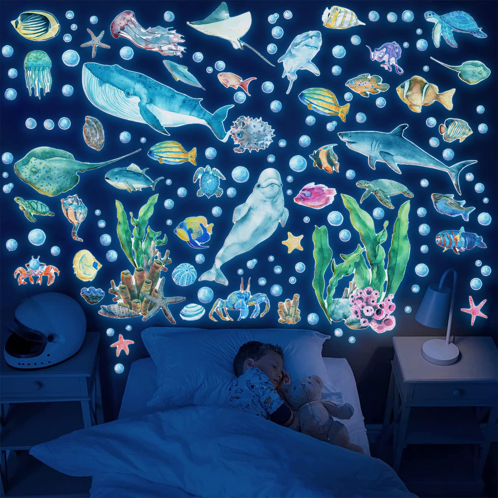 Tarklanda Glow in The Dark Ocean Fish Wall Stickers Ocean Theme Fluorescent Stickers Luminous Fish Jellyfish Wall Decor Underwater Sea World Wall Art for Kids Bedroom Nursery Decoration Blue — image 1