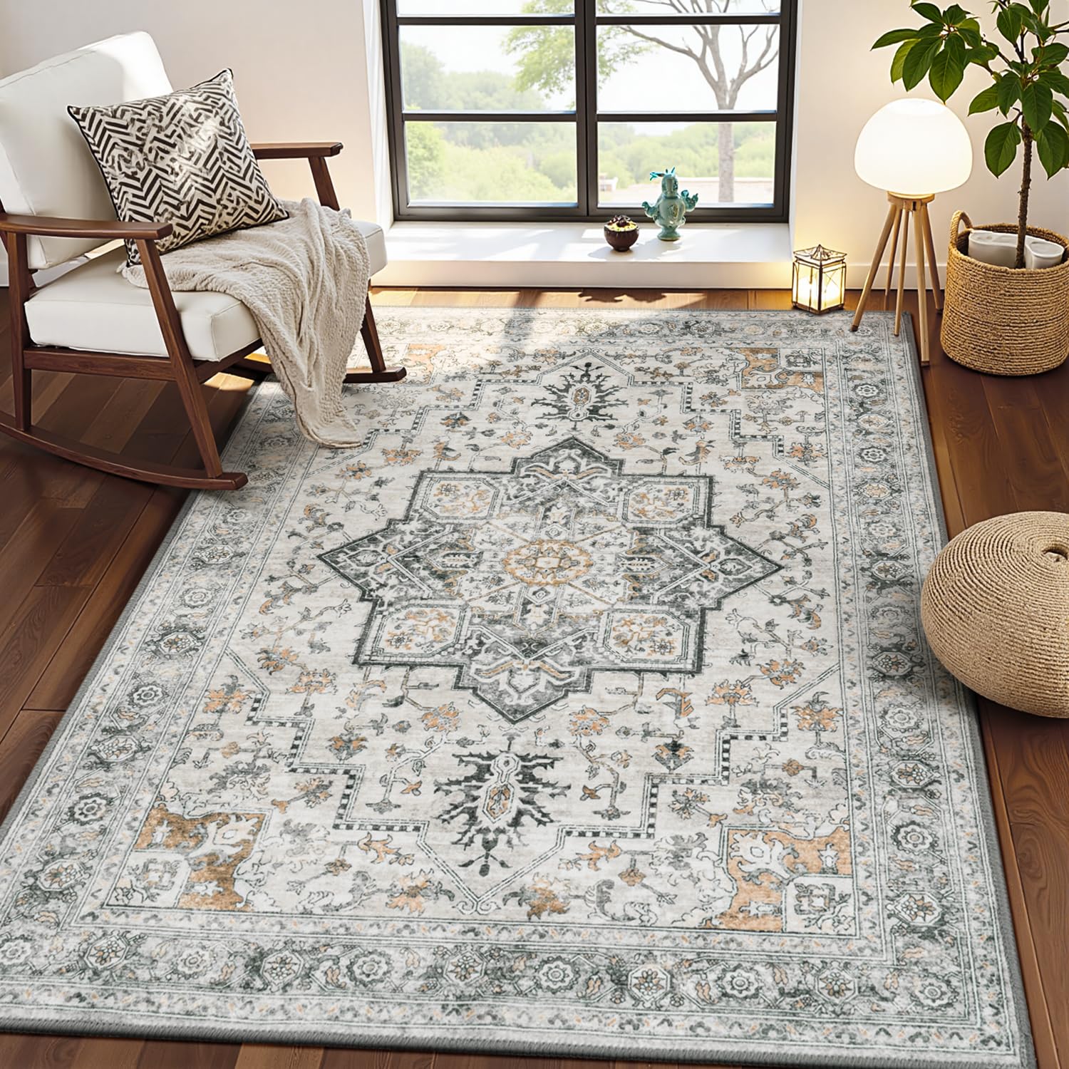 Lessymo 3x5 Washable Area Rugs for Living Room Bedroom Ktichen, Soft Boho Indoor Rug Non Slip, Vintage Carpet Low Pile for Dorm Office Dining Room Kids Room Hallway Entryway Bedside, Grey/Brown Image