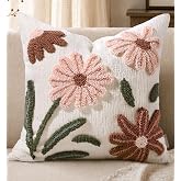 MuseHaus Tufted Chenille Throw Pillow Cover 18x18 Inch, Blooming Floral | Decorative Cushion Pillow Cover, Soft Chenille Fabric, Embroidered Design, Hidden Zipper, Cottage Farmhouse Couch Sofa Decor