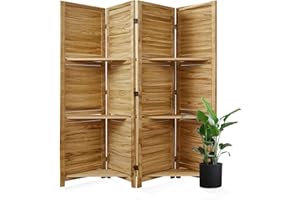 SVIMI Partition Room Dividers, 67 * 51inch Folding Wood Privacy Screen with Three Display Shelves Suitable for Home Office, Study, Art Display - 4 Panel(Natural)