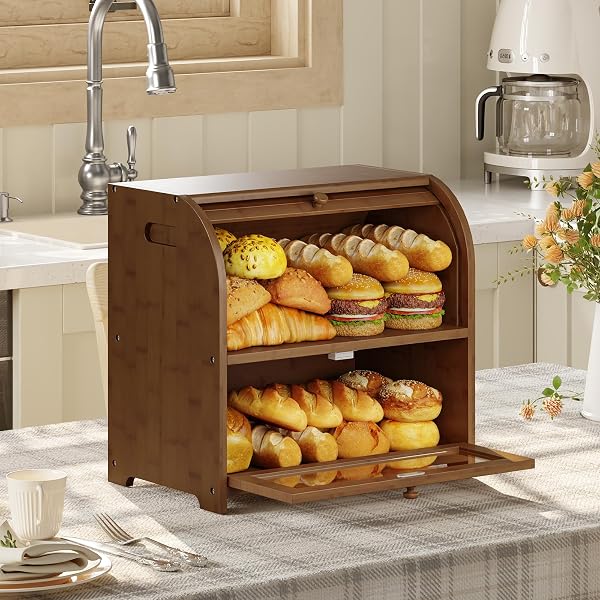 HOOBRO BREAD BOX, BAMBOO BREAD BOX FOR KITCHEN COUNTERTOP, 2 TIER ROLL-TOP BREAD BIN, FOOD STORAGE BOX, LARGE CAPACITY KEEPER, WOODEN STORAGE CABINET, FOR KITCHEN, DINING ROOM, BROWN BR13MB01