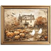 Vintage Gold Framed Halloween Wall Art, Ghosts Pumpkin Decor, 12x16Inch | Halloween Decor Canvas Art Prints, Country Cottage Fall Decor for Bedroom Living Room Hallway Fireplace Shelf