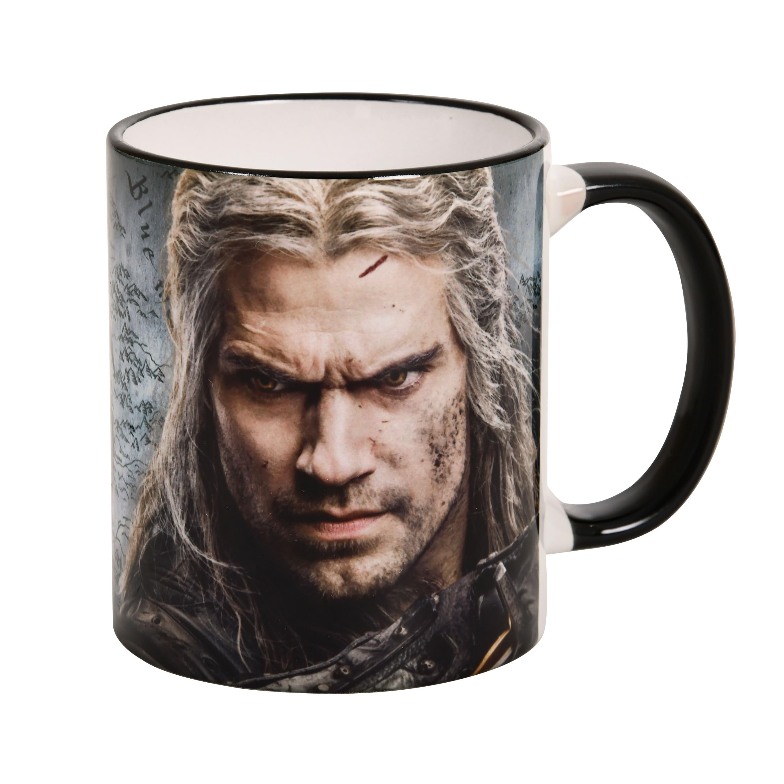 Elbenwald Witcher Mug with Geralt of Rivia Character Motif and Wolf Logo 320 ml Ceramic Grey
