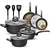 NutriChef 12-Piece Nonstick Kitchen Cookware Set - Professional Hard Anodized, Includes Saucepan, Frying Pans, Cooking Pots, Dutch Oven Pot, Lids, Utensils - NCCW12S, Black