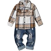 WESIDOM Toddler Boy Clothes Long Sleeve Collar Plaid Shirts Jacket Ribbed Jeans Pants Sets 1-6T Boys Fall Outfits