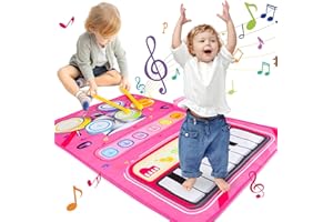 Popsunny 1 Year Old Girl Boy Birthday Gift, Music Learning Toys for Toddlers 1-3, 2-in-1 Music Mat for Baby Age 1-3 with Piano & Drum Mat(Pink)
