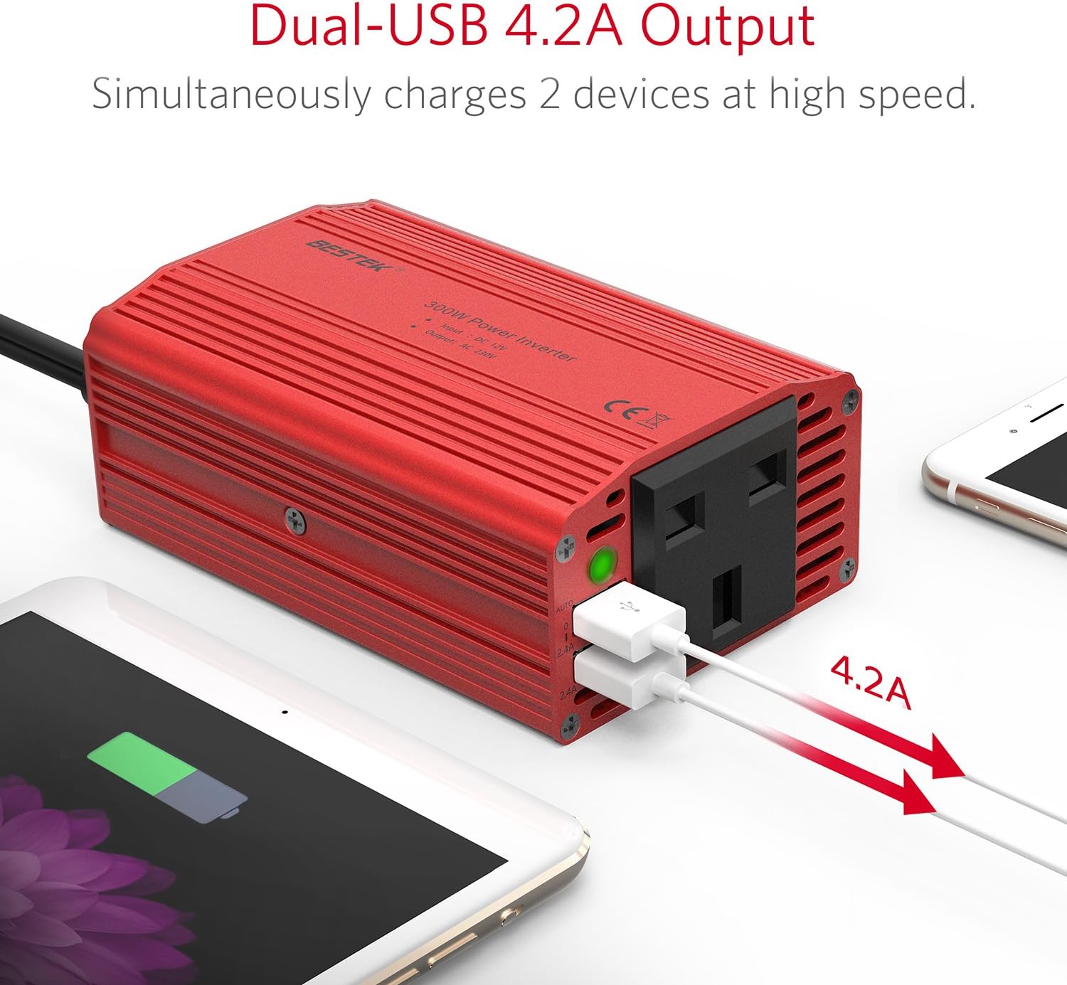 BESTEK 300W Power Inverter DC 12V to AC 230V Car Voltage Converter with 12-Volt Clip-On Battery Cigarette Lighter Adapter & 2-USB Charging Ports - Image 3