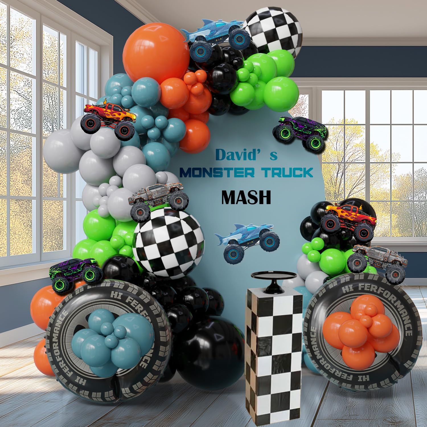 View 1 of 132PCS Monster Truck Birthday Decorations for Boys – Blue Gray Orange Green Balloon Arch Kit with Tire Foil Balloons, Race Truck Cutouts, Vehicle Party Supplies for 3rd 4th 5th Birthday