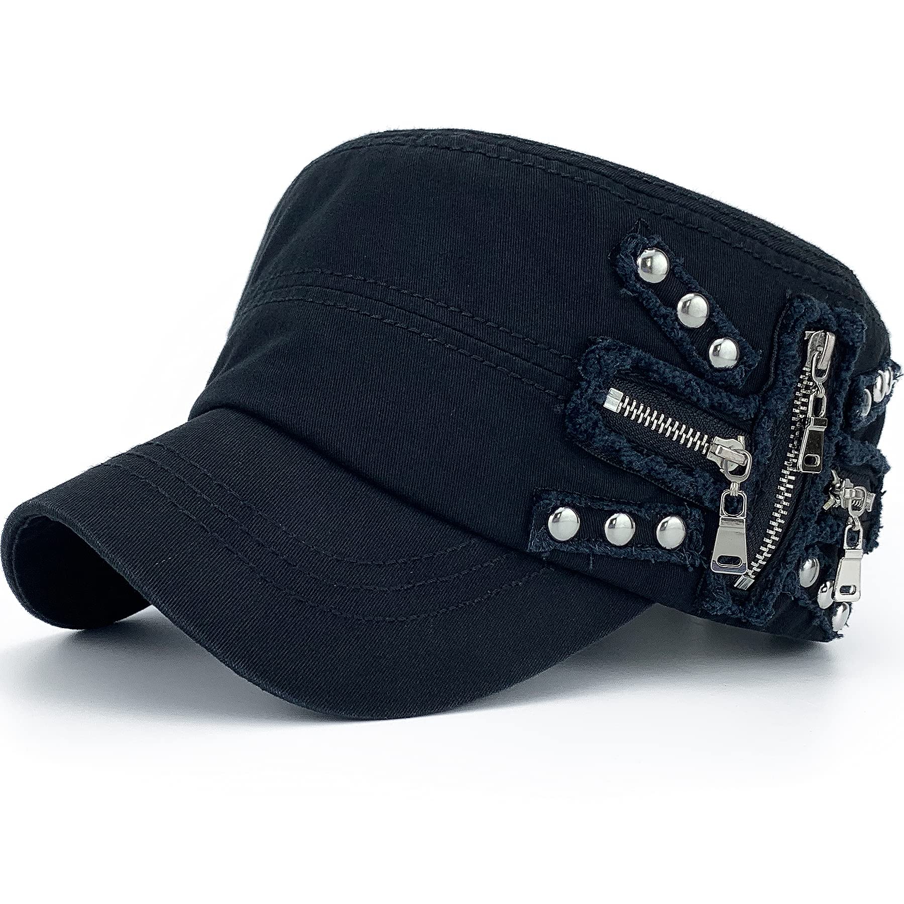 2 Pack Men's Army Style Cadet Caps - Cotton Military Flat Top Visor Hats, Adjustable (Z-Black/Dark Blue)