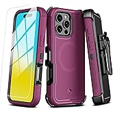 M MYBAT PRO Maverick Series for iPhone 16 Pro Max Case with Belt Clip Holster,[Compatible with Magsafe] w/Screen Protector,Anti-Drop,Shockproof,with 360°Rotating Kickstand,Heavy Duty Protection Plum