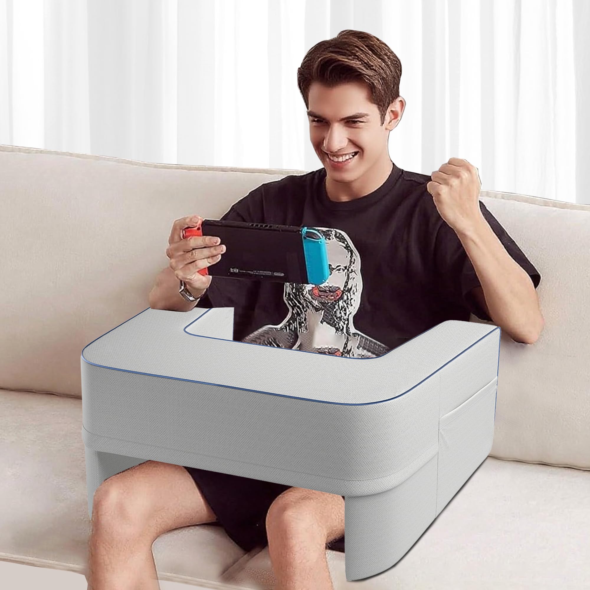 Photo 1 of Heymirro Reading Pillow for Gaming Lap Desk Pillow Large Laptop Pillows for Adults with Arm Rest and Side Pocket, Gaming Pillow for Bed/Floor/Couch/Rest/Playing/Working(Grey)