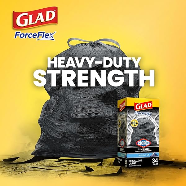 GLAD LARGE 30 GALLON TRASH BAGS, CLOROX MOUNTAIN AIR HEAVY DUTY GARBAGE BAGS, FORCEFLEX WITH DRAWSTRING, 50 COUNT (PACKAGING MAY VARY)