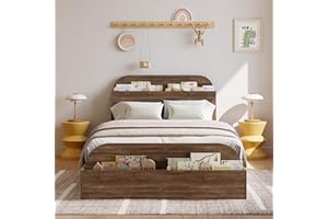 Garvee Twin Size Bed Frame for Kids, Wooden Platform Bed Frame with Storage Headboard and Raised-Foodboard for Bedroom, Sturd