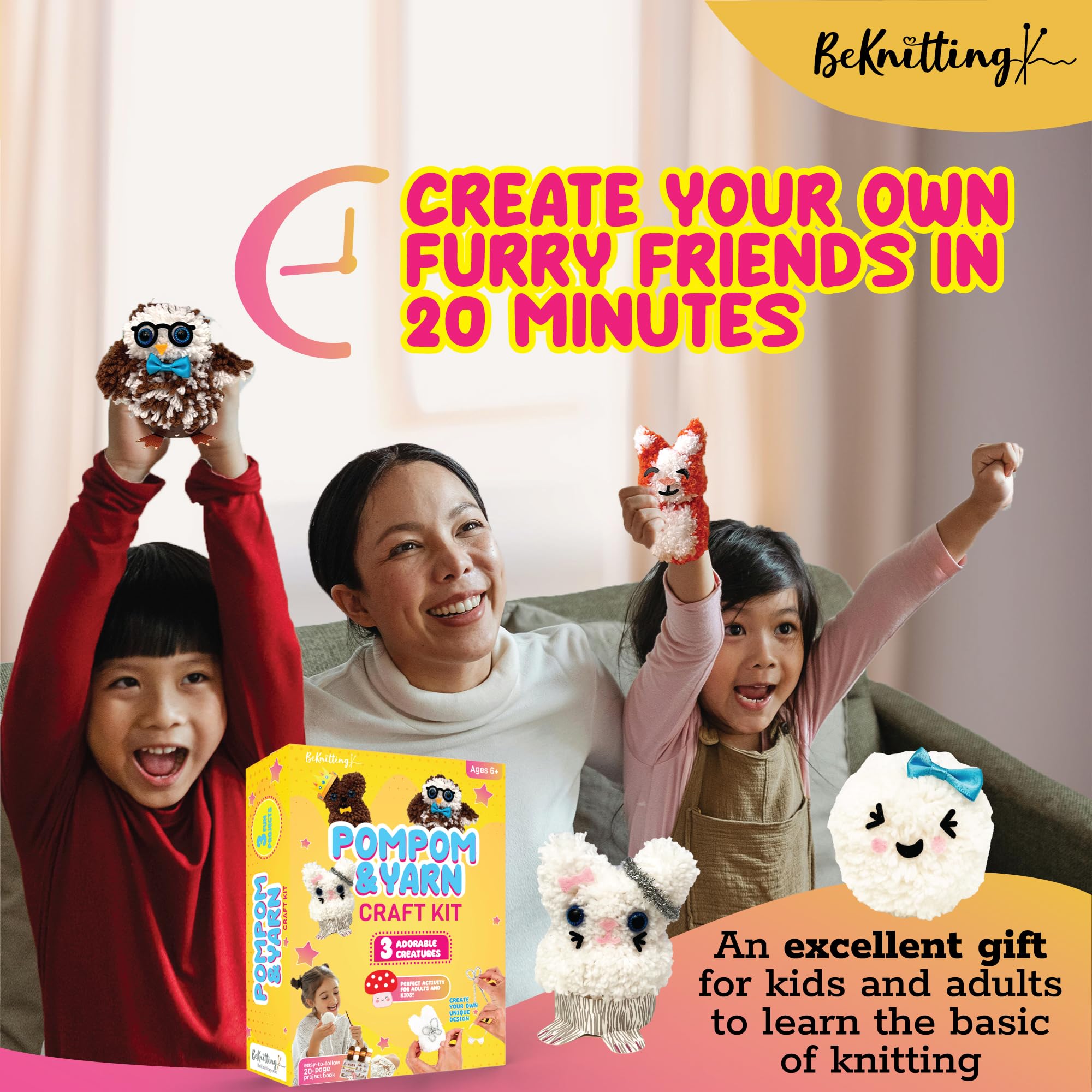 BeKnitting Pompom Maker DIY Craft Kit for Kids - Complete with Yarn, Pom pom Makers, & Stickers