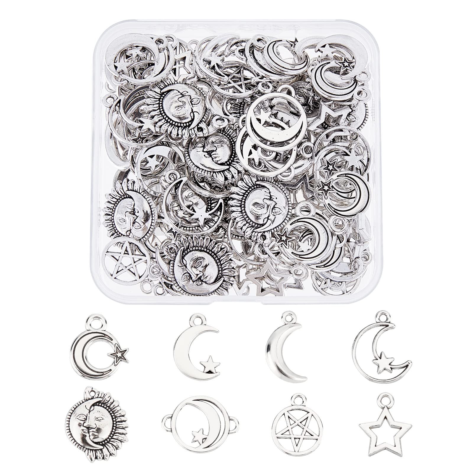 SUPERFINDINGS 96Pcs 8 Styles Tibetan Style Alloy Pendants Star Moon Jewelry Charms Hollow Star Pendant Moon Dangle Pendants for DIY Necklace Bracelet Jewelry Making