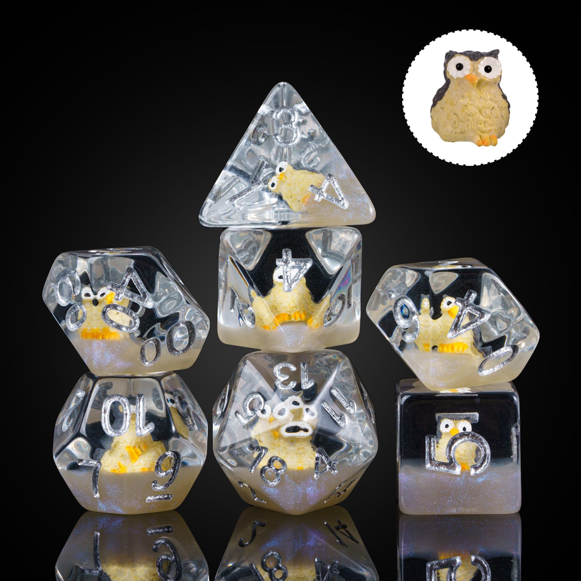 cusdie 7-Die DND Dice, Polyhedral Dice Set Filled with Animal, for Role Playing Game Dungeons and Dragons D&D Dice（Brown Owl） — image 1