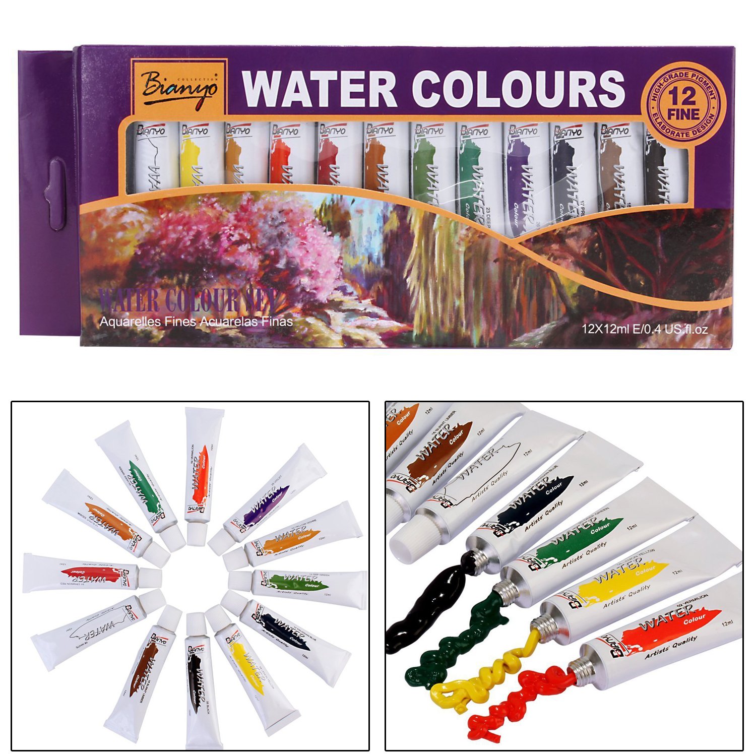 Bianyo Artist Quality Watercolor Tubes Paint Set 12ml Tubes, 12