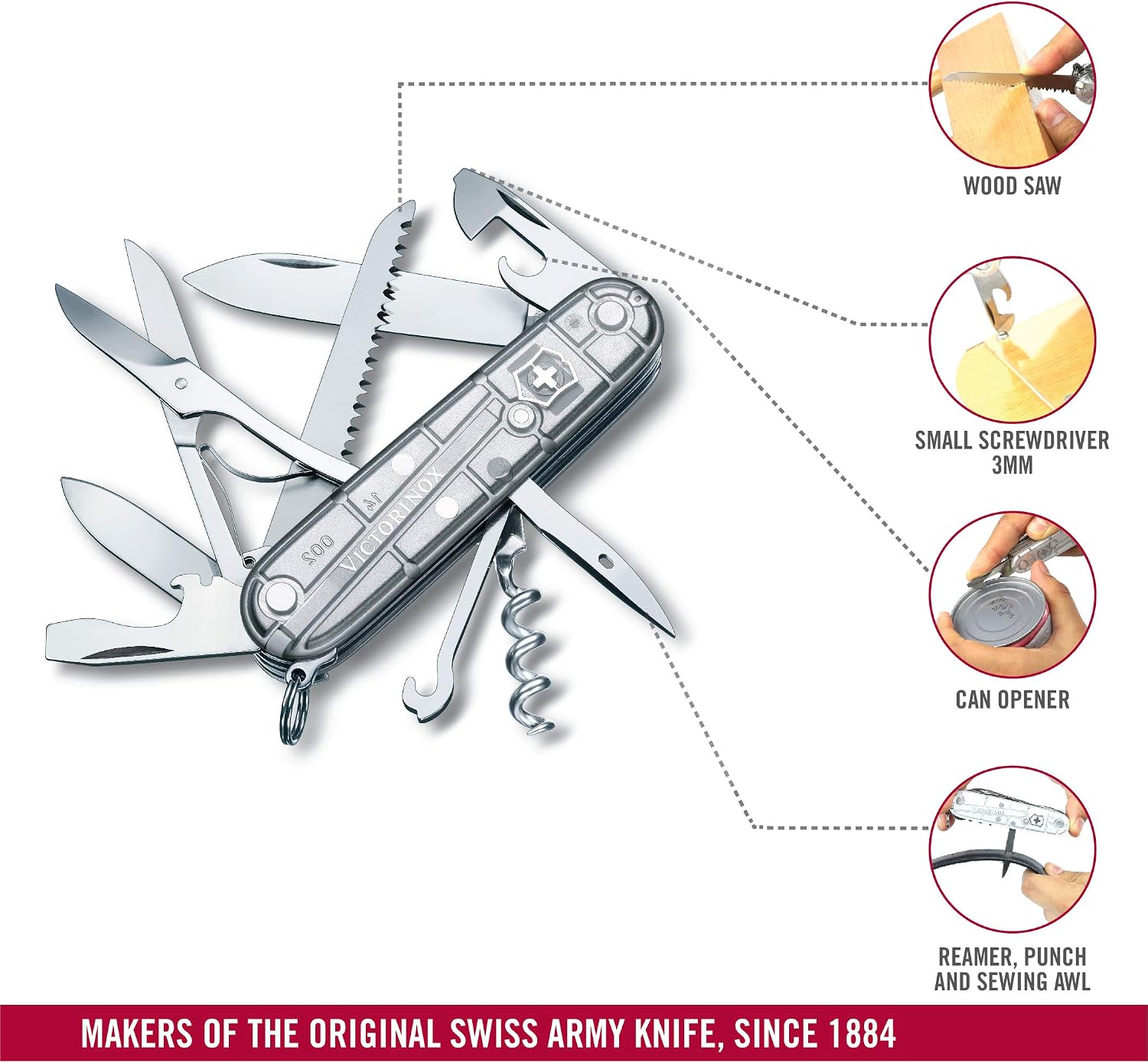 Victorinox Huntsman Swiss Army Knife, Medium, Multi Tool, Camping Knife, 15 Functions, Large Blade, Bottle Opener, Silver Transparent - Image 5